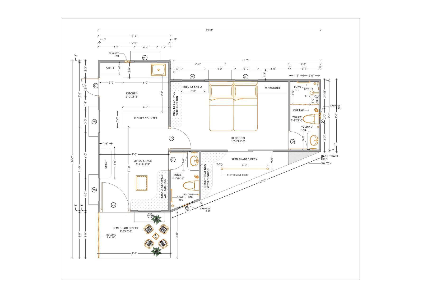 1 BHK cottage floor plan with kitchen, living space, bedroom and two toilets