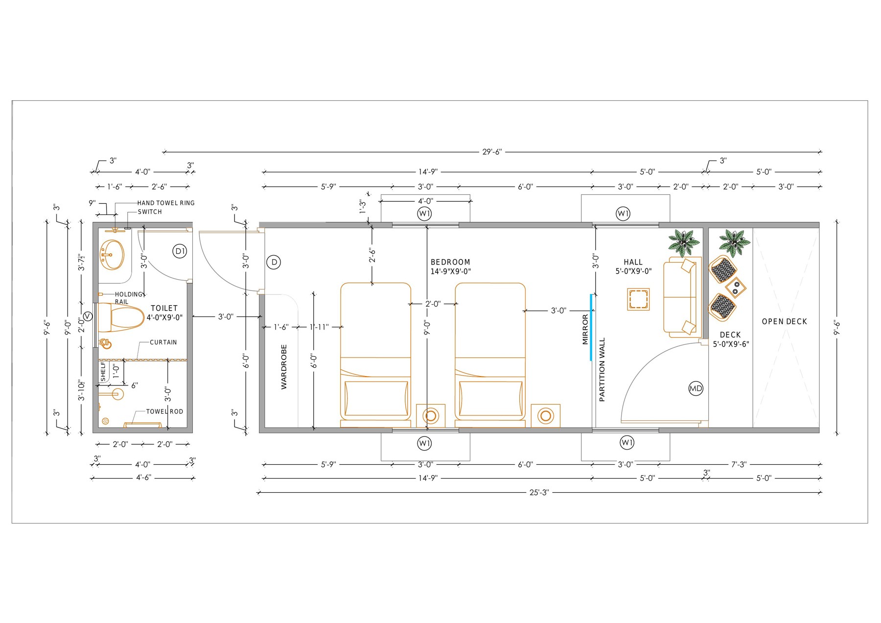Studio cottage floor plan with bedroom, hall, deck and senior-safe toilet