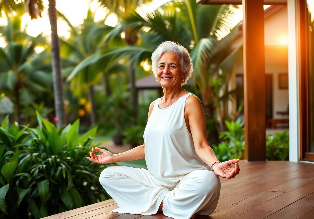 Senior practising yoga at sunrise